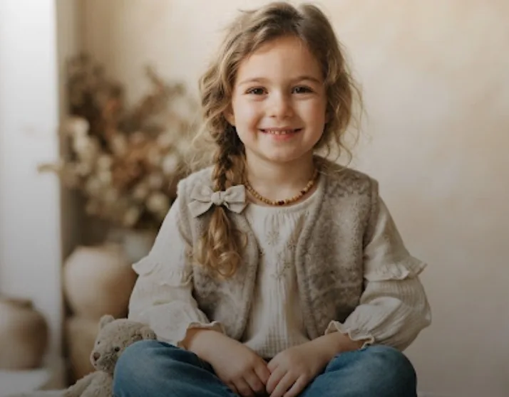 Niña con chaleco tejido y lazo en el pelo, jugando en casa